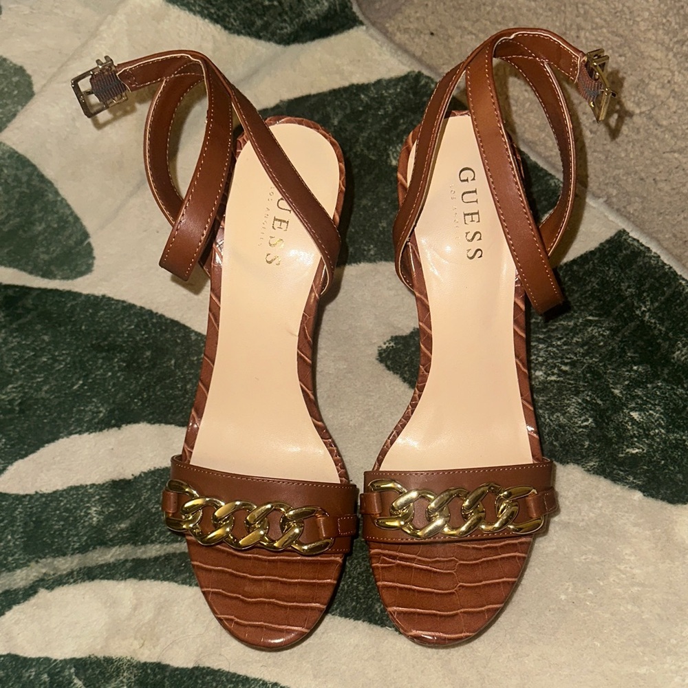 Guess Brown Heels with Gold Chain Accent